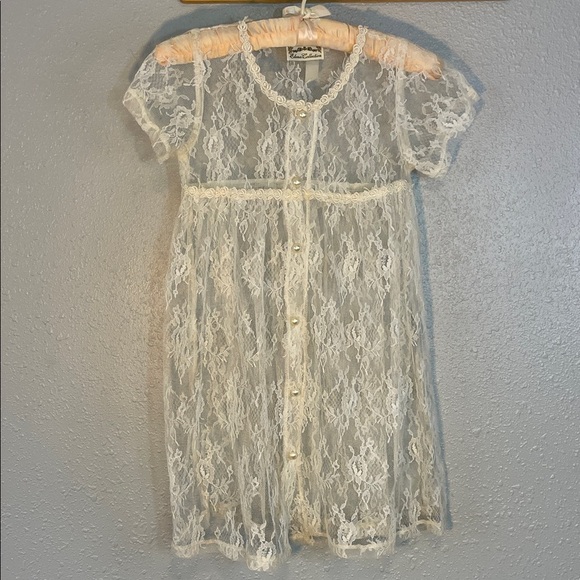 Vintage Elena Collection Ivory Lace Dress – Pearl Button Sheer Overlay Over Slip - Picture 2 of 16